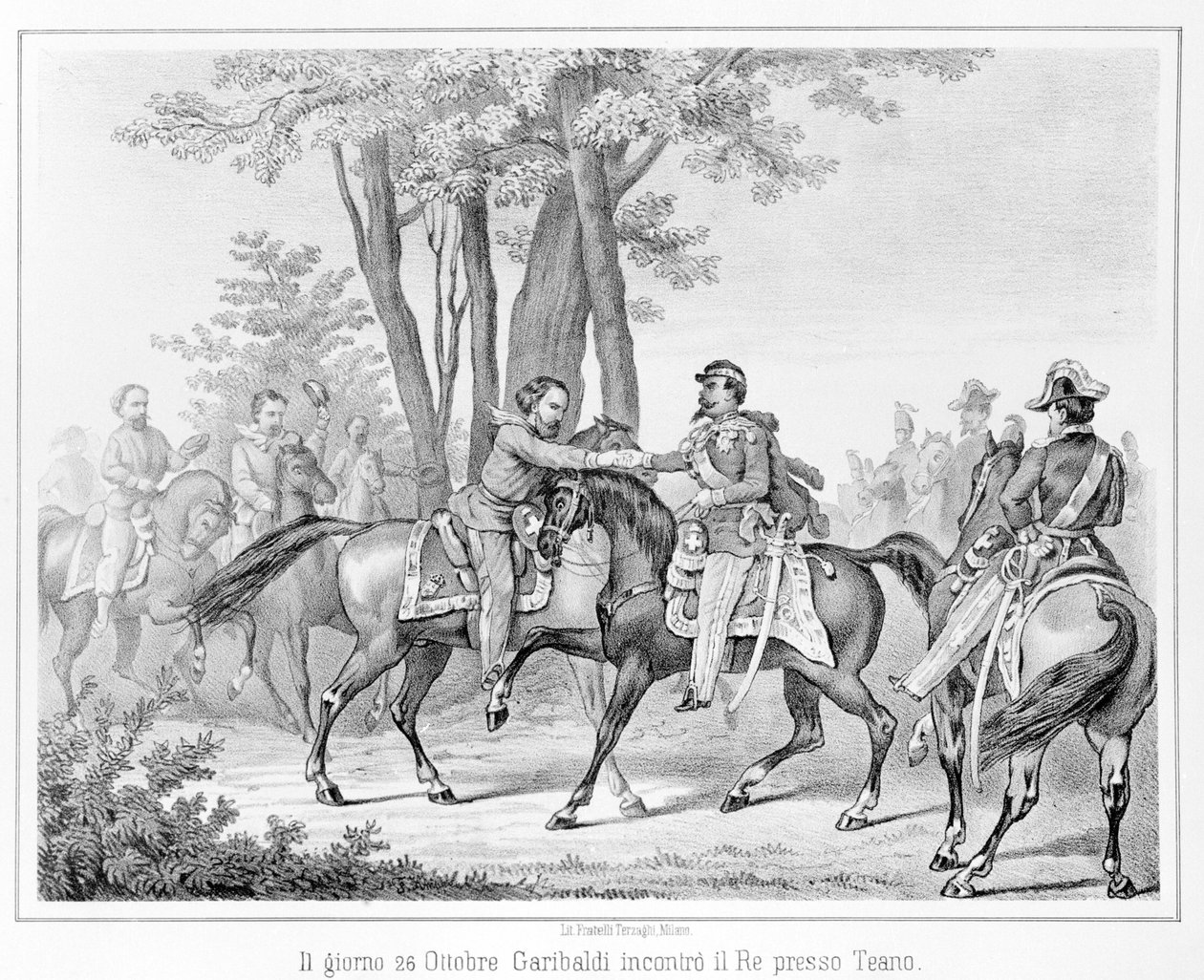 Em 26 de outubro de 1860, Giuseppe Garibaldi conheceu o rei Victor Emmanuel II (Victor-Emmanuel) (Vittorio Emanuele), perto de Teano. Gravura do século XIX. de Unknown artist