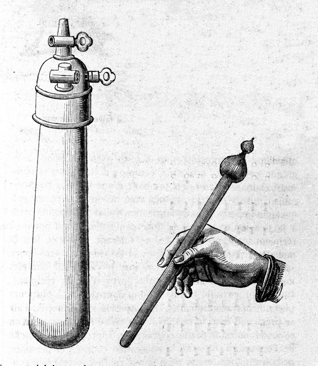 À esquerda um recipiente usa para a primeira experiência do martelo de água (representado à direita) para demonstrar que no vácuo, os líquidos caem como uma massa sólida. Gravação de Unknown artist
