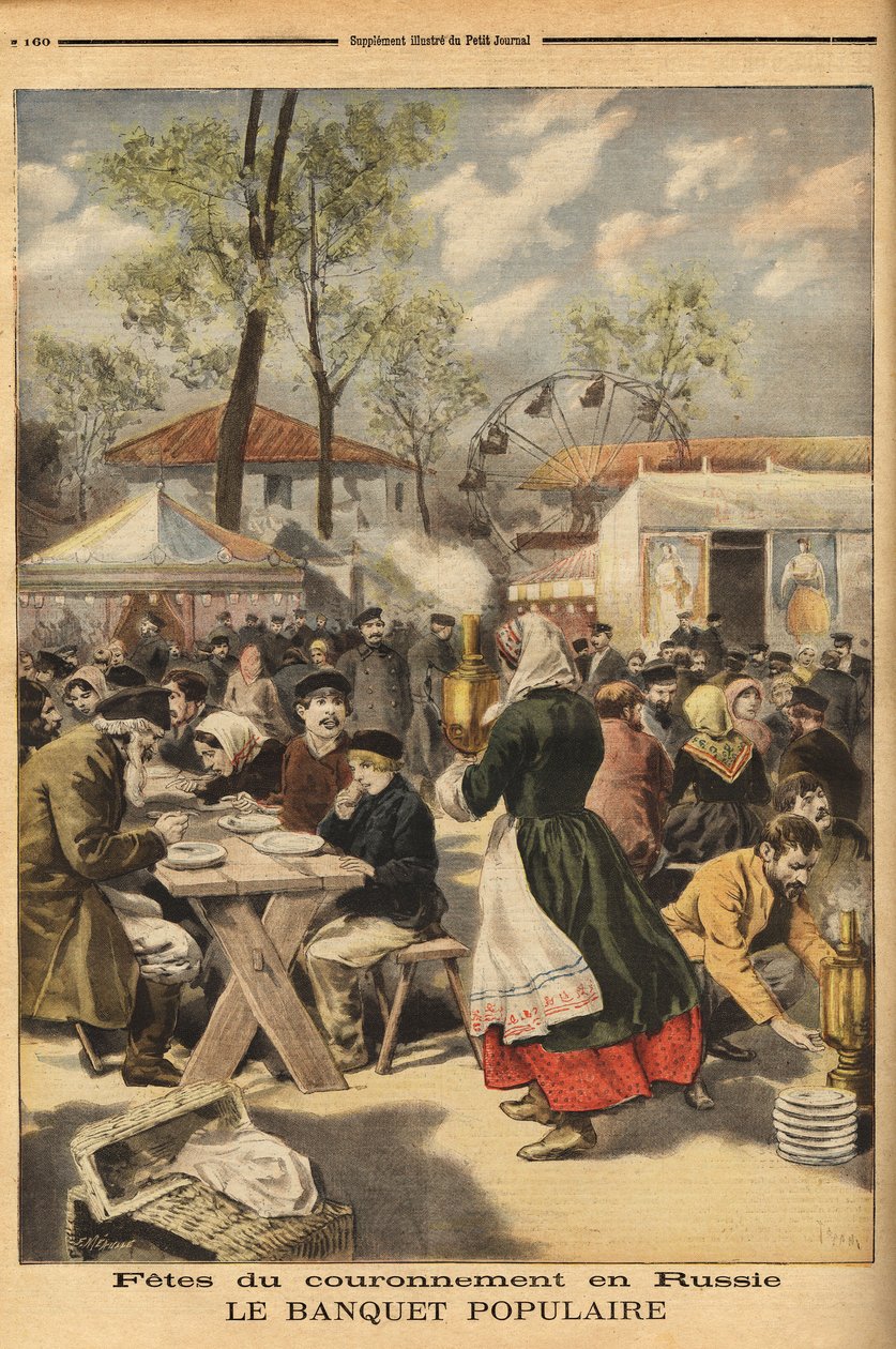 Por ocasião da coroação do czar Nicolau II, um banquete popular é oferecido a 500.000 russos no campo de manobras do Khodinskoie em Moscou, precedido de apresentações teatrais. Gravação no "Le petit journal" 17/05/1896. A coleção de Selva. de Unknown artist