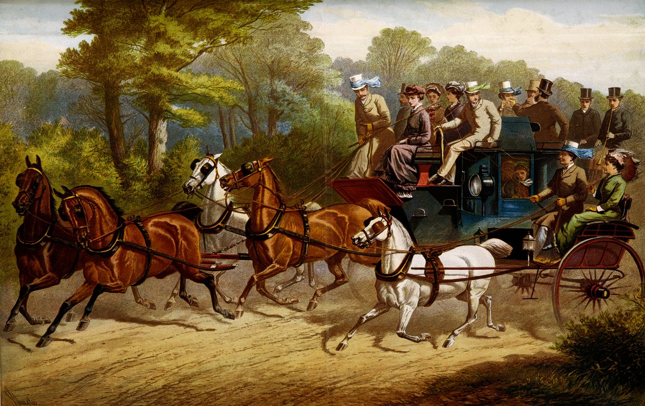 A caminho do derby. Fiacre e ônibus puxados por cavalos indo para um derby de Unknown artist