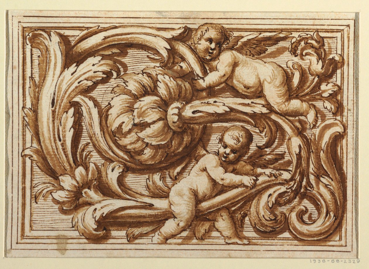 Um de um conjunto de desenhos para uma folha de rosto e decoração de um painel horizontal de Unknown artist