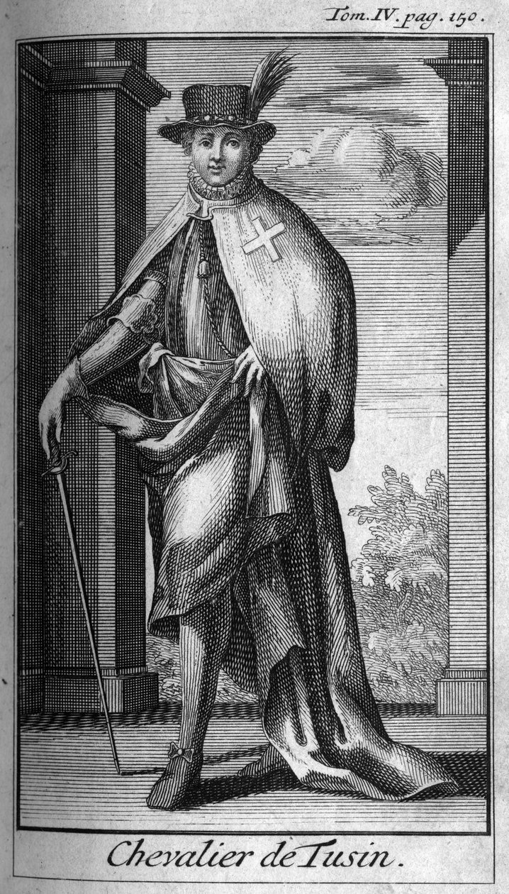 Ordens do Knight. Cavaleiro de Tusin na Áustria, no século XVI. Na "História das ordens militares ou cavaleiros, das milícias seguras e de rotina de ambos os sexos, que foram estabelecidas até agora. Edição tirada de Abbe Giustiniani, R.P.Bonani, M. Herman de Unknown artist