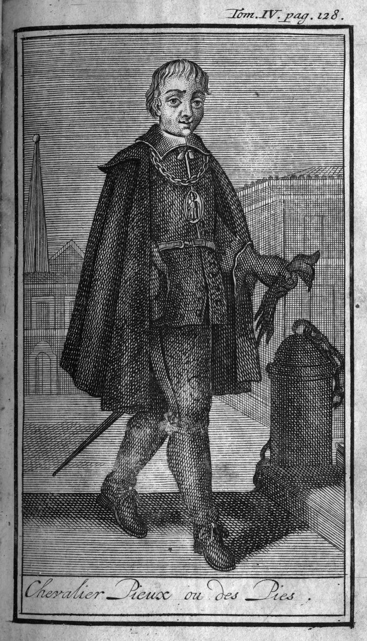 Ordens do Knight. Cavaleiro Piedoso para as Tartes. Na "História das ordens militares ou cavaleiros, das milícias seguras e rotineiras de ambos os sexos, que foram estabelecidas até agora". Edição tirada de Abbe Giustiniani, R.P.Bonani, M. Herman, Schooneb de Unknown artist