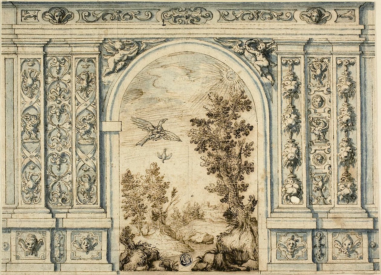 Muro ornamental com paisagem de Unknown artist
