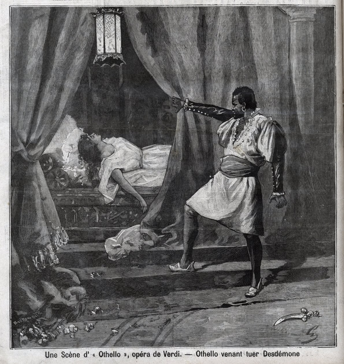 Othello acabou de matar o Desdemone na sua cama. Cena da ópera "Othello" de Giuseppe Verdi (1813-1901) Gravação em "Le Parisien" de Unknown artist