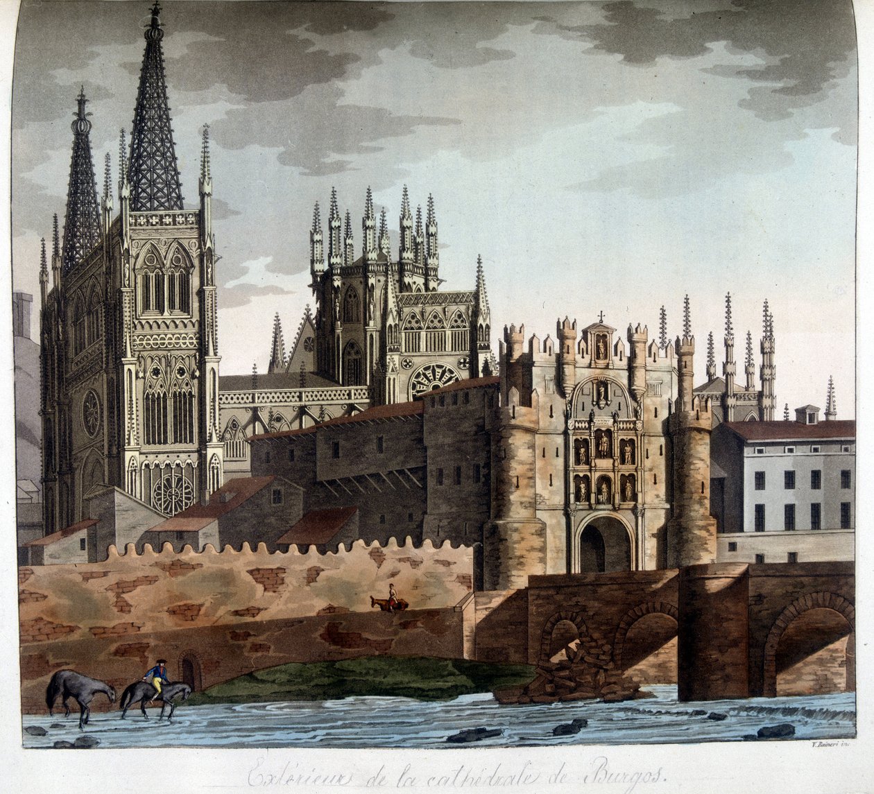 Fora da Catedral Gótica de Santa Maria em Burgos, na Espanha. Litografia do século XIX. de Unknown artist