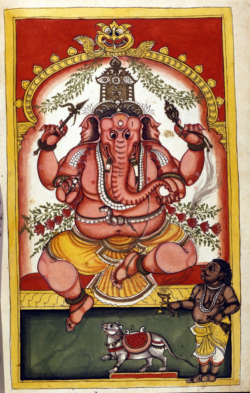 Página que retrata a divindade hindu Ganesha (Ganesh ou Ganapati), padroeira dos comerciantes, viajantes e ladrões. Página extraída do manuscrito (ms.8300) "História de Mogol" (Moghul ou Moghol) de Stefano Nivibus Cardeira. Século XVIII. Bibloteca marciana de Unknown artist