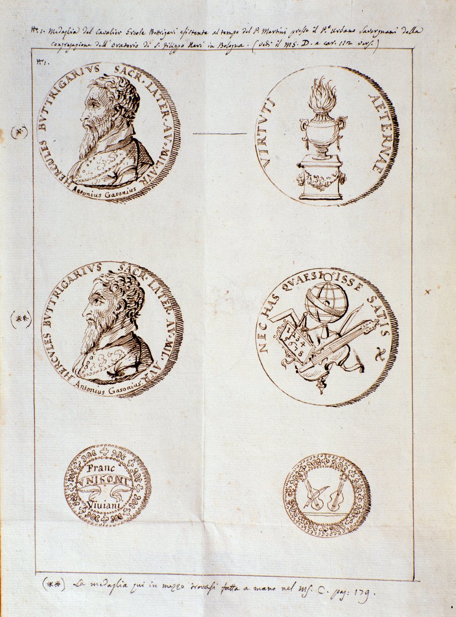 Página de Il melone, discorso armonico, com retratos do autor, Ercole Bottrigari (gravura de Unknown artist