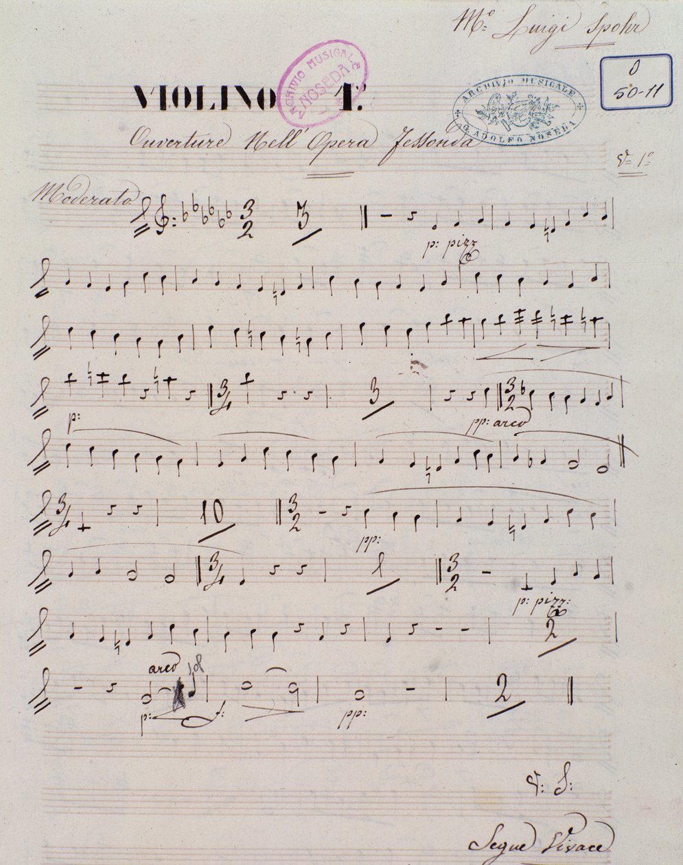 Página da partitura para o primeiro violino na abertura da ópera Jessonda de Louis Spohr de Unknown artist