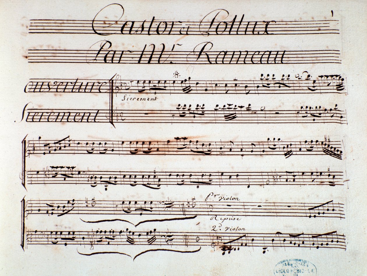 Página da partitura musical de Castor et Pollux, tragédia lírica de Rameau (1737) de Unknown artist