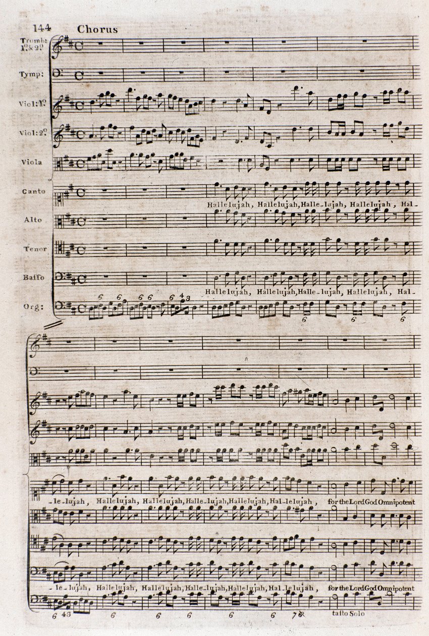 Página da partitura do refrão "Aleluia" em "O Messias" do compositor inglês naturalizado alemão George Frederick Handel (Georg Friedrich Handel de Unknown artist