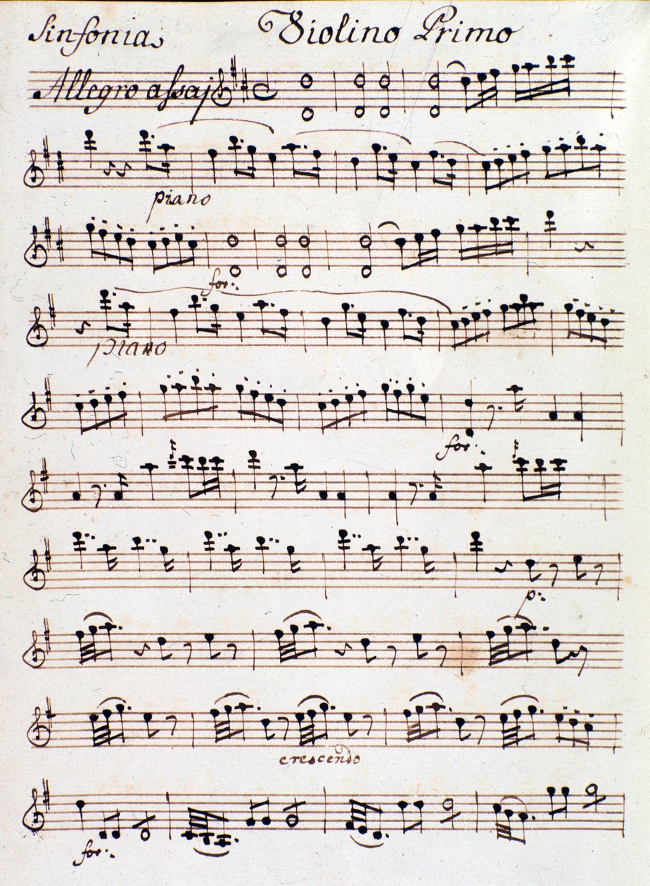 Página das partituras para o primeiro violino da Sinfonia nº 4 em D, de Mozart (1765) de Unknown artist