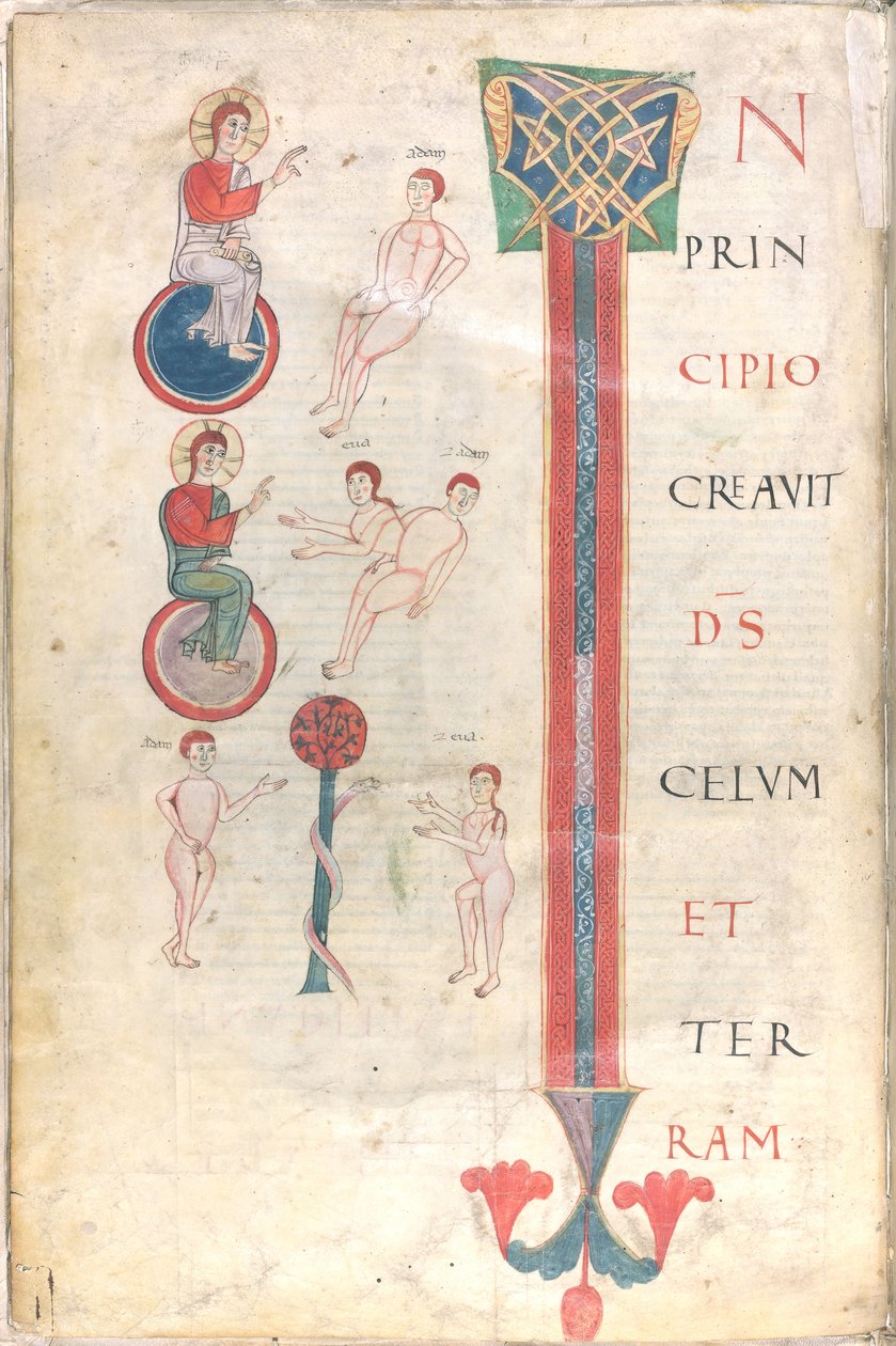 Página com o "Início do Génesis. Animação de Adão, Criação de Eva, Pecado Original de Unknown artist