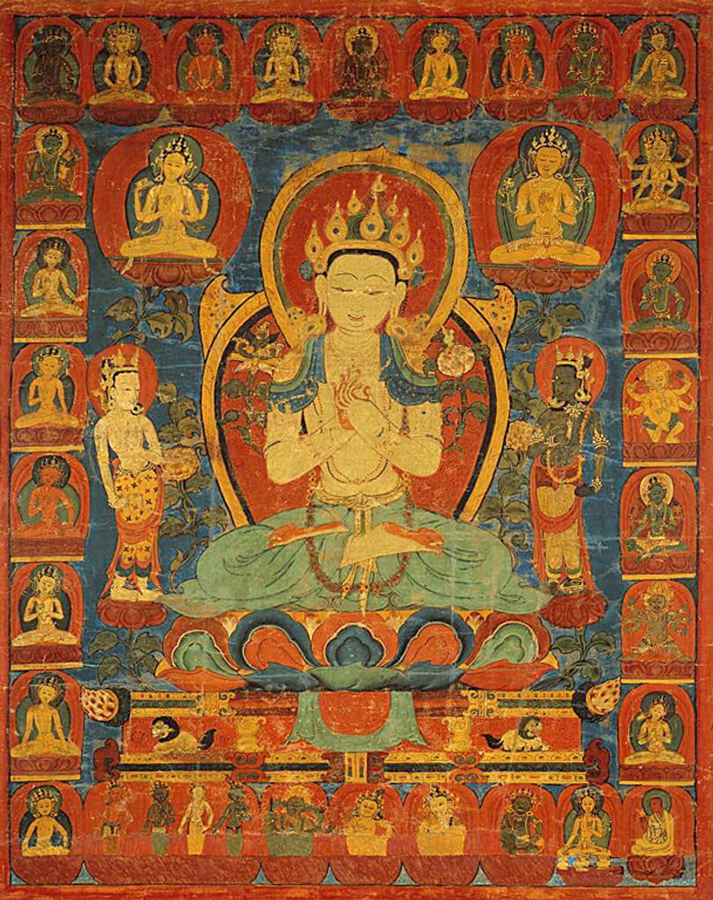 Estandarte pintado (Thangka) do Bodhisattva Maitreya rodeado pelo seu séquito de Unknown artist