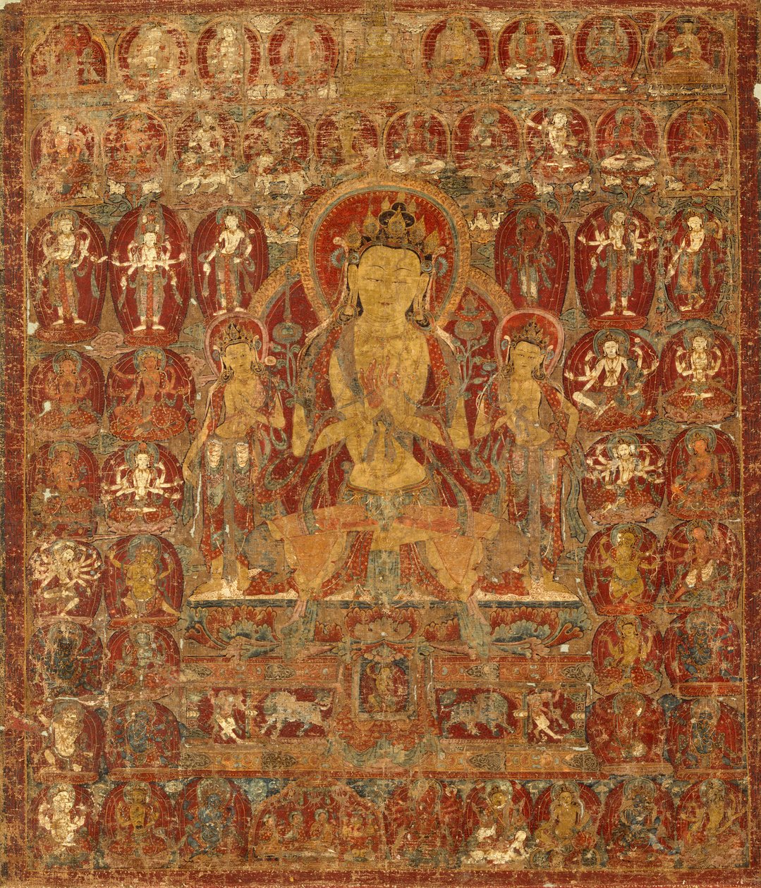 Estandarte pintado (Thangka) do Bodhisattva Manjushri com Vajrapani (à direita) e Padmapani (à esquerda) de Unknown artist
