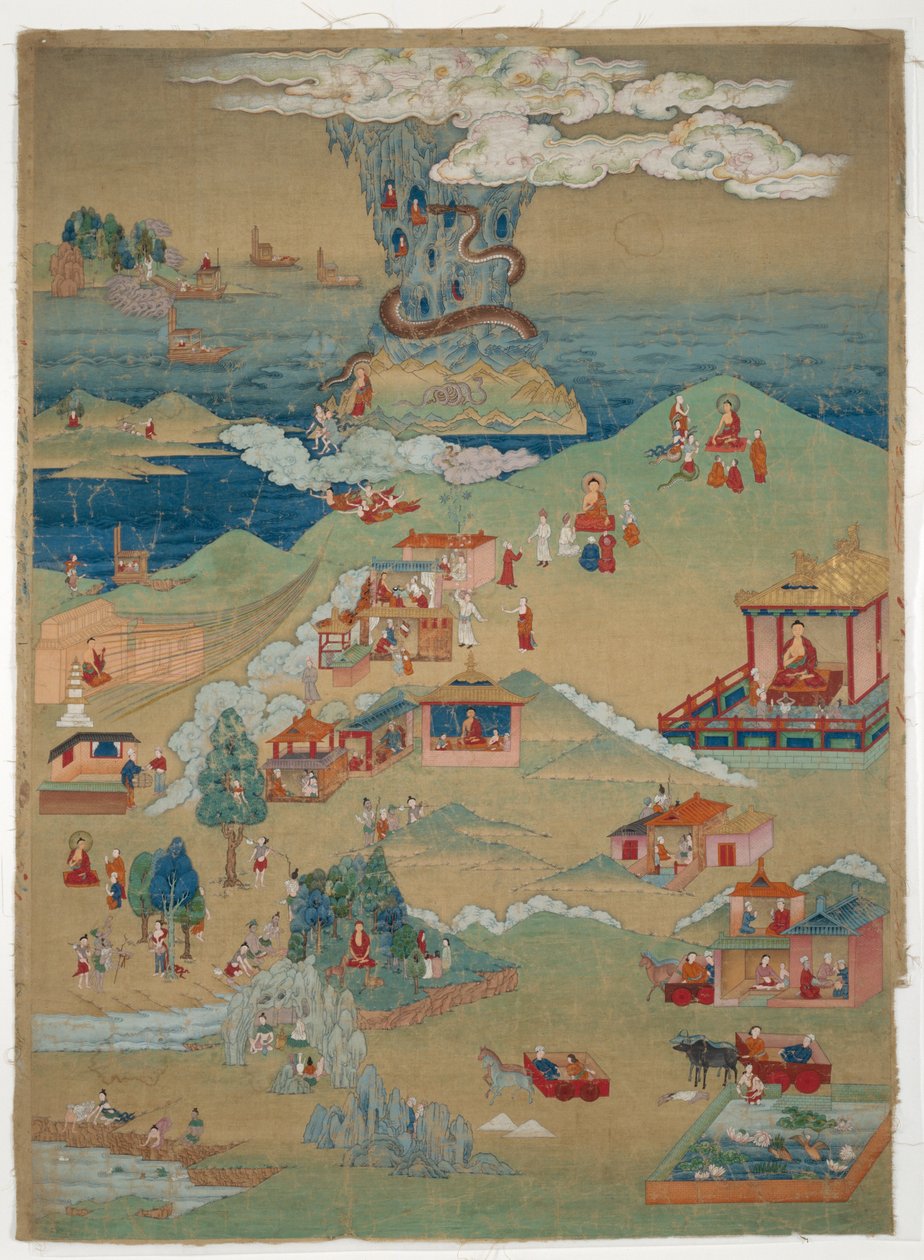 Estandarte pintado (Thangka) de cinco contos morais do Avadana Kalpalata Jataka de Unknown artist