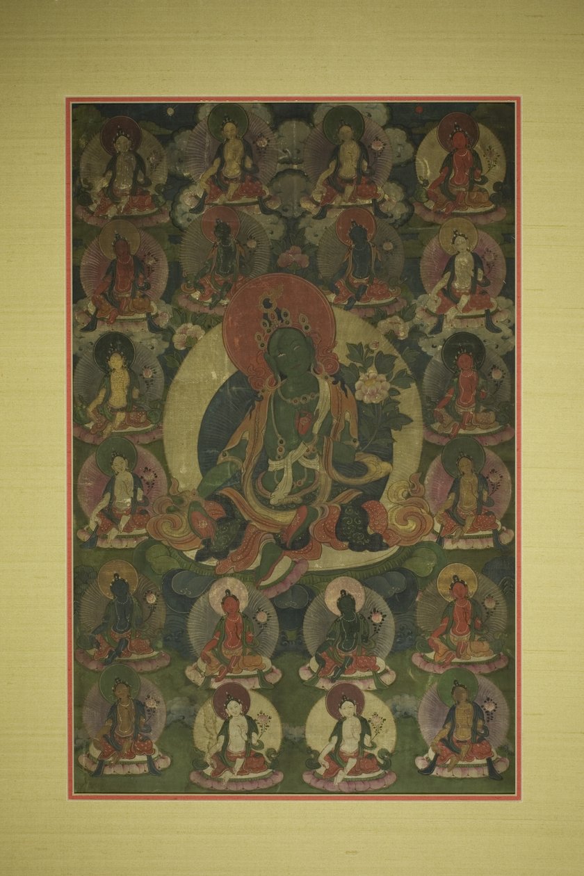 Estandarte pintado (Thangka) de Tara Verde rodeada por vinte manifestações de Unknown artist