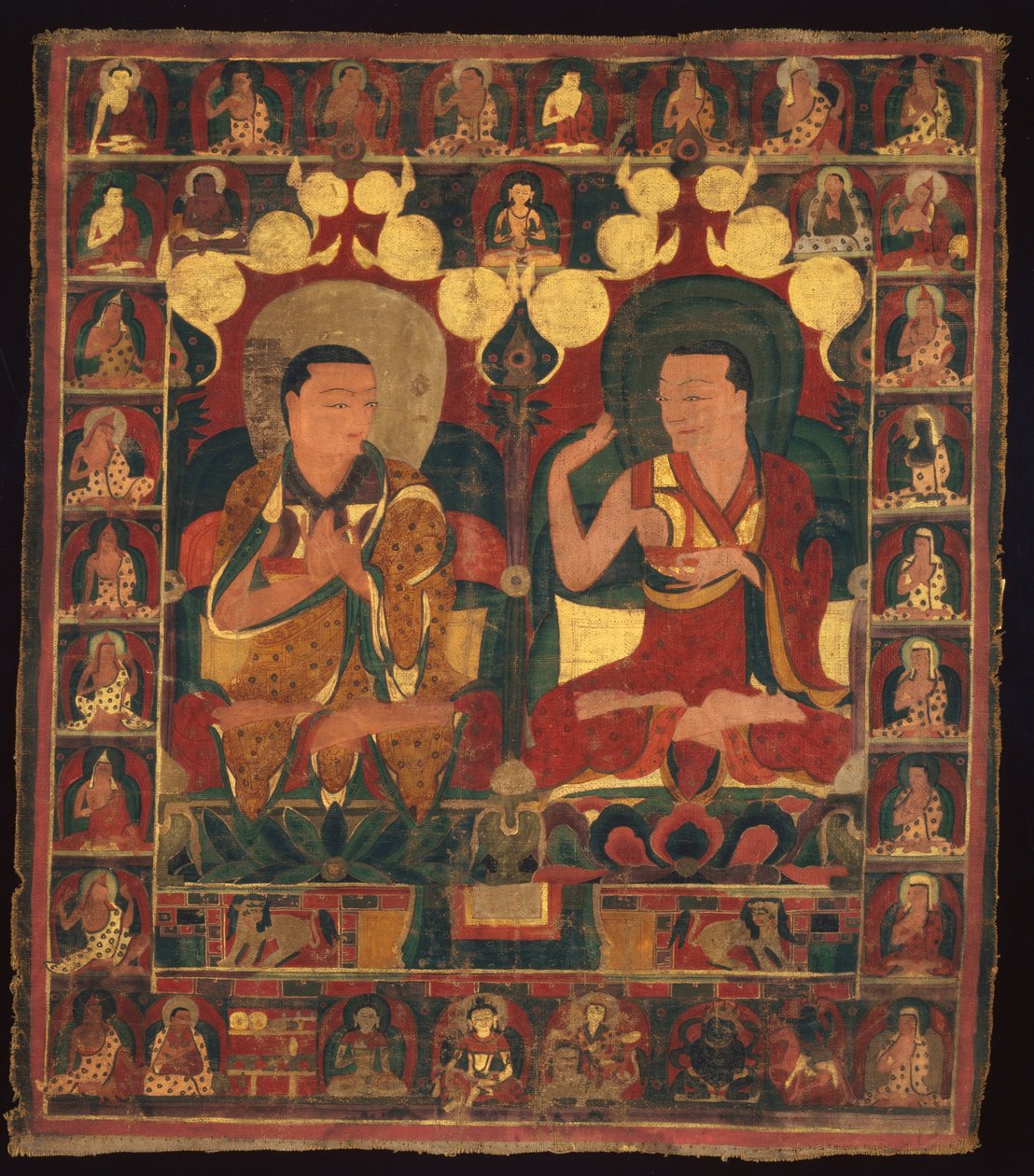 Estandarte pintado (Thangka) da pintura da linhagem de dois Lamas em debate de Unknown artist