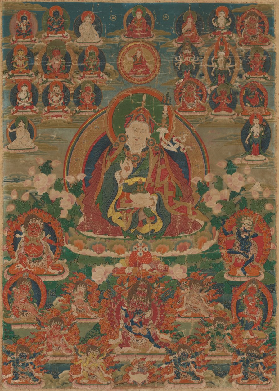Estandarte pintado (Thangka) do Sábio Guru Padmasambhava sentado segurando um raio (Vajra) e uma taça de crânio (Kapala) de Unknown artist