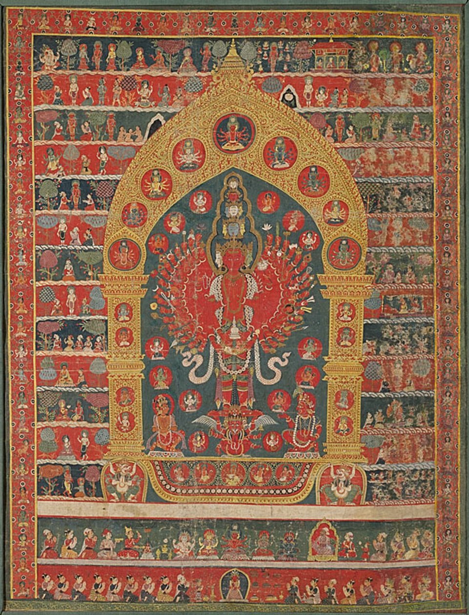 Estandarte pintado (Thangka) da encarnação de Avalokiteshvara do Deus da Chuva Rato Matsyendranatha de Unknown artist