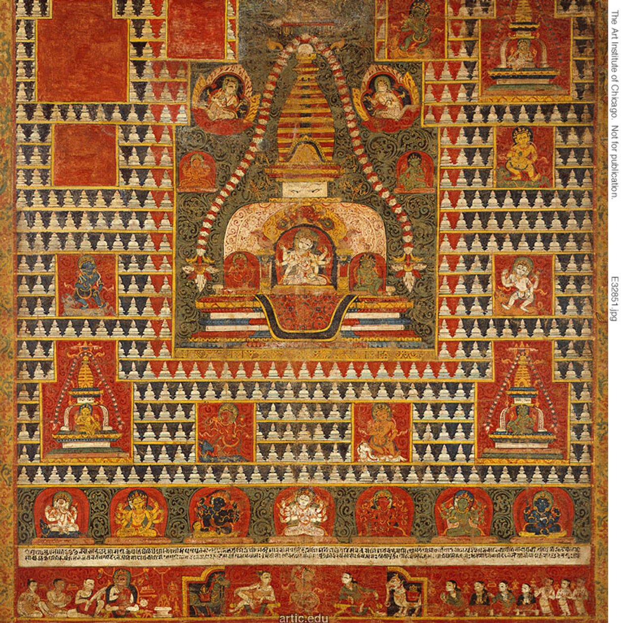 Estandarte pintado (paubha) da Deusa Ushnishavijaya dentro de um monte funerário (chaitya) e rodeado de Chaityas de Unknown artist