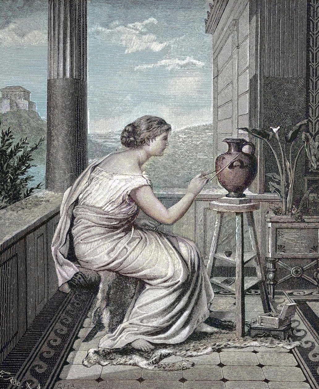 Pintora, Artista, Jovem Mulher Grega Pintando um Vaso, Histórica, Reprodução Digital de uma Obra Artística Original do século XIX de Unknown artist