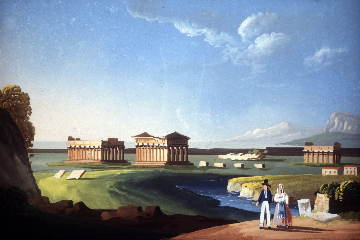 Pintura retratando os templos de Paestum, atual Capaccio. de Unknown artist