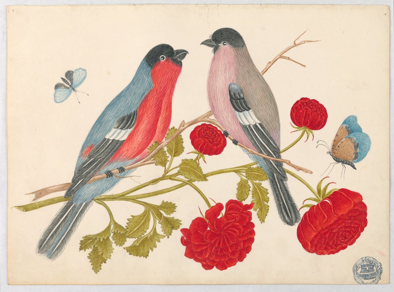 Par de pássaros no galho com rosas e borboletas de Unknown artist
