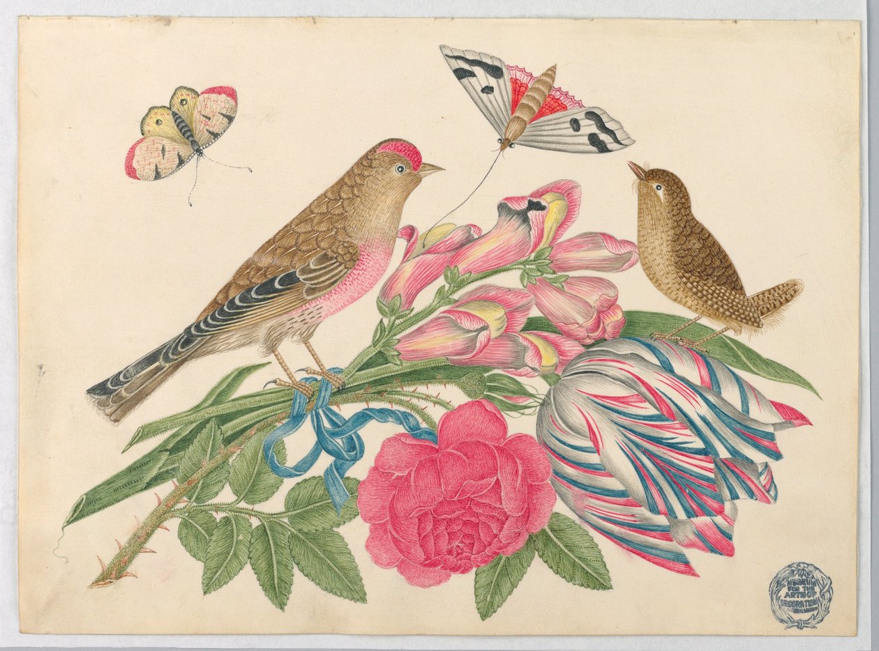 Par de pássaros marrons no buquê com tulipa, rosa e Snapdragons, com borboletas de Unknown artist