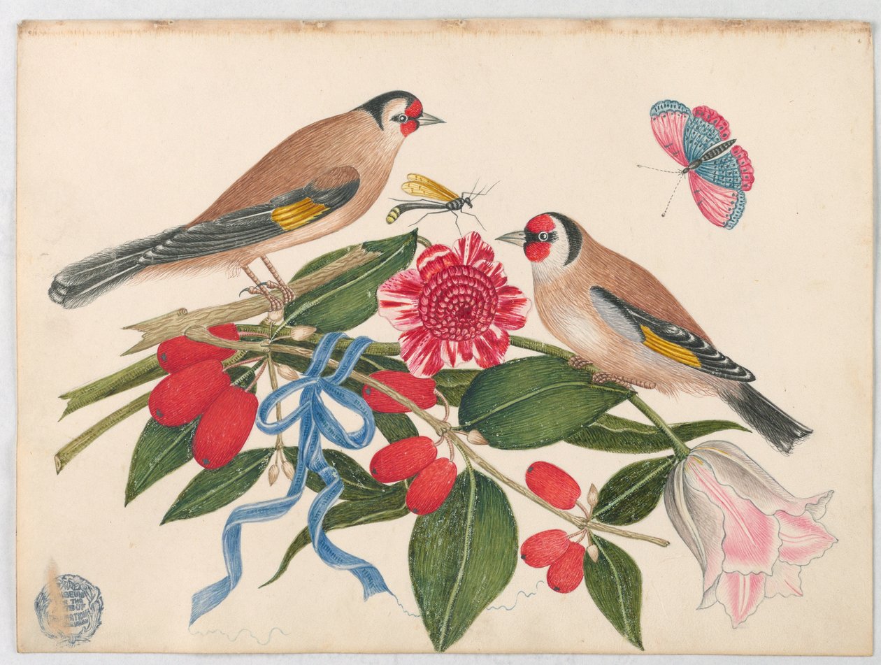 Par de pássaros marrons com flores, bagas e uma borboleta de Unknown artist