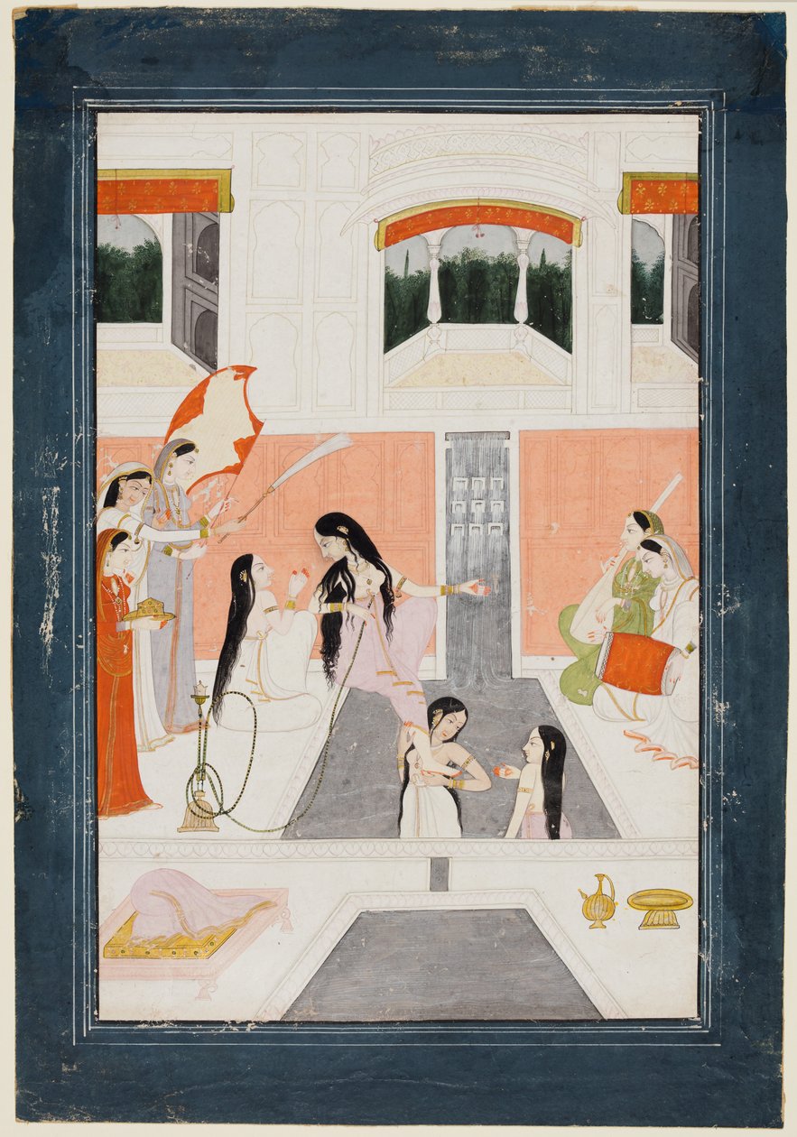 Mulheres do Palácio Desfrutam de Música ao Lado de uma Cascata de Água de Unknown artist