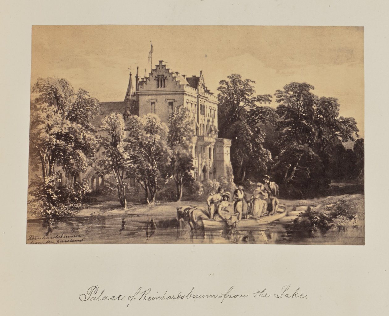 Palácio de Reinhardsbrunn - a partir do lago. de Unknown artist