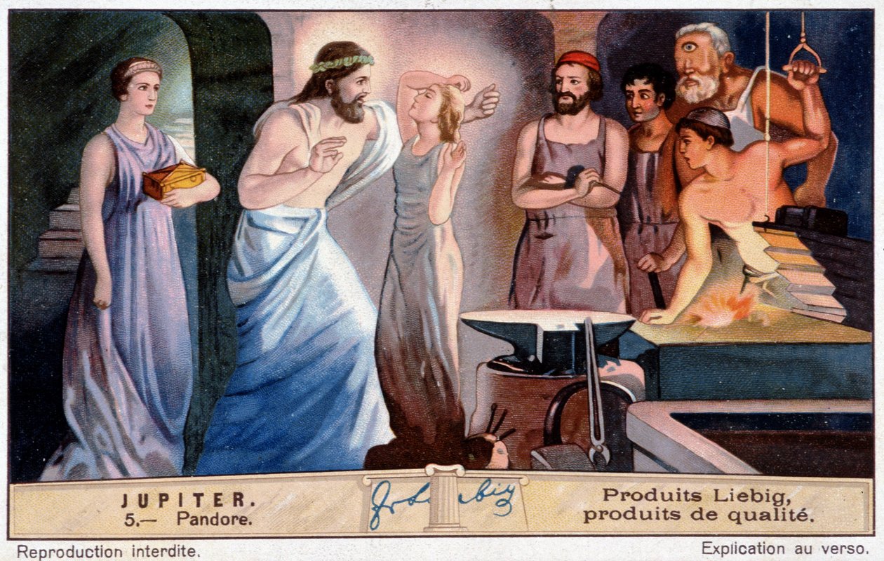 Pandora, a primeira mulher, criada por ordem de Júpiter - Cromolitografia de Liebig de Unknown artist