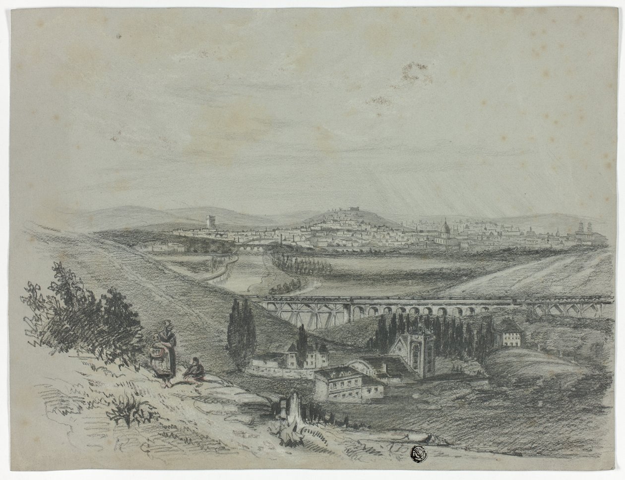 Vista panorâmica de uma ponte ferroviária e da cidade de Unknown artist