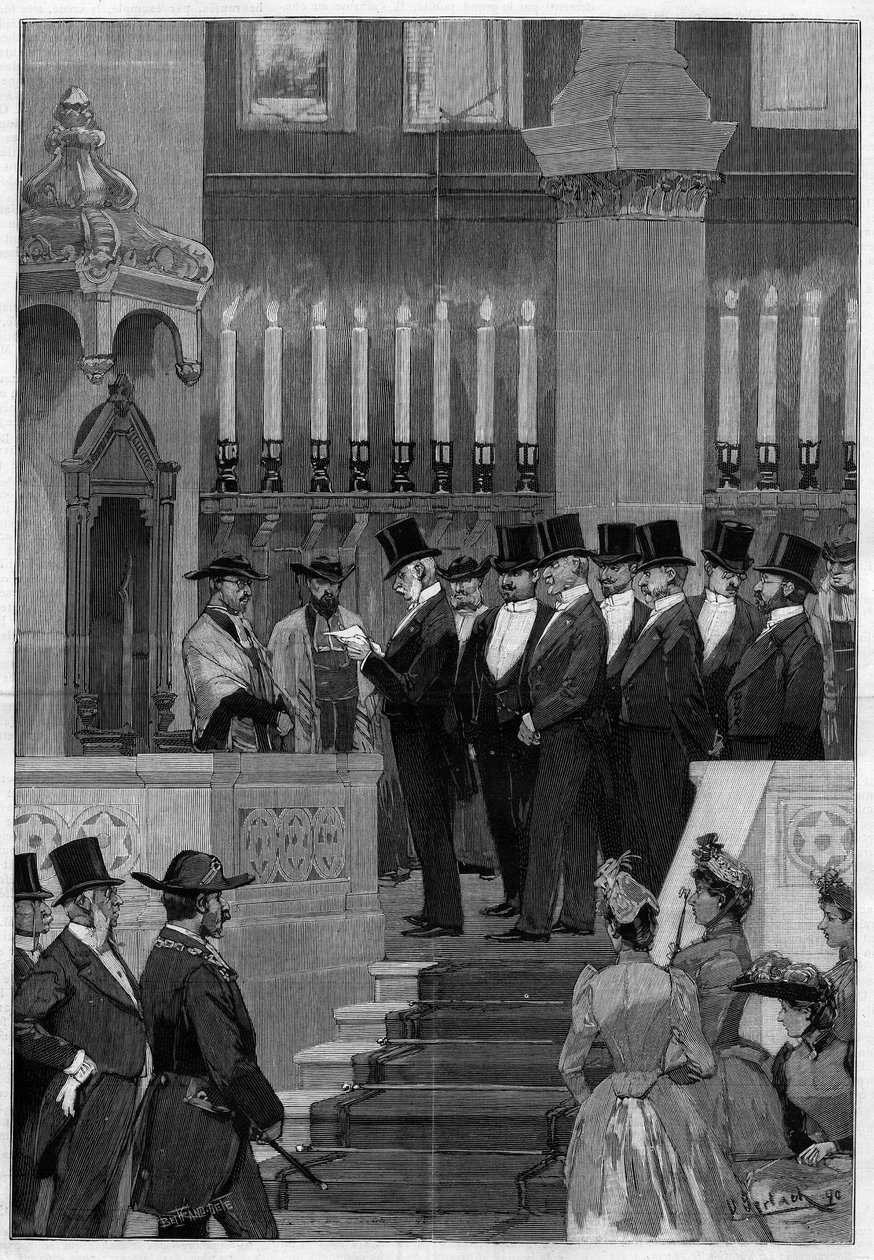 Paris 1890: Instalação de Zadoc Kahn (Zadoc-Kahn) (1839-1905) grande rabino da França. Monsieur Alphonse de Rothschild (1827-1905) lendo a ordem de nomeação. de Unknown artist