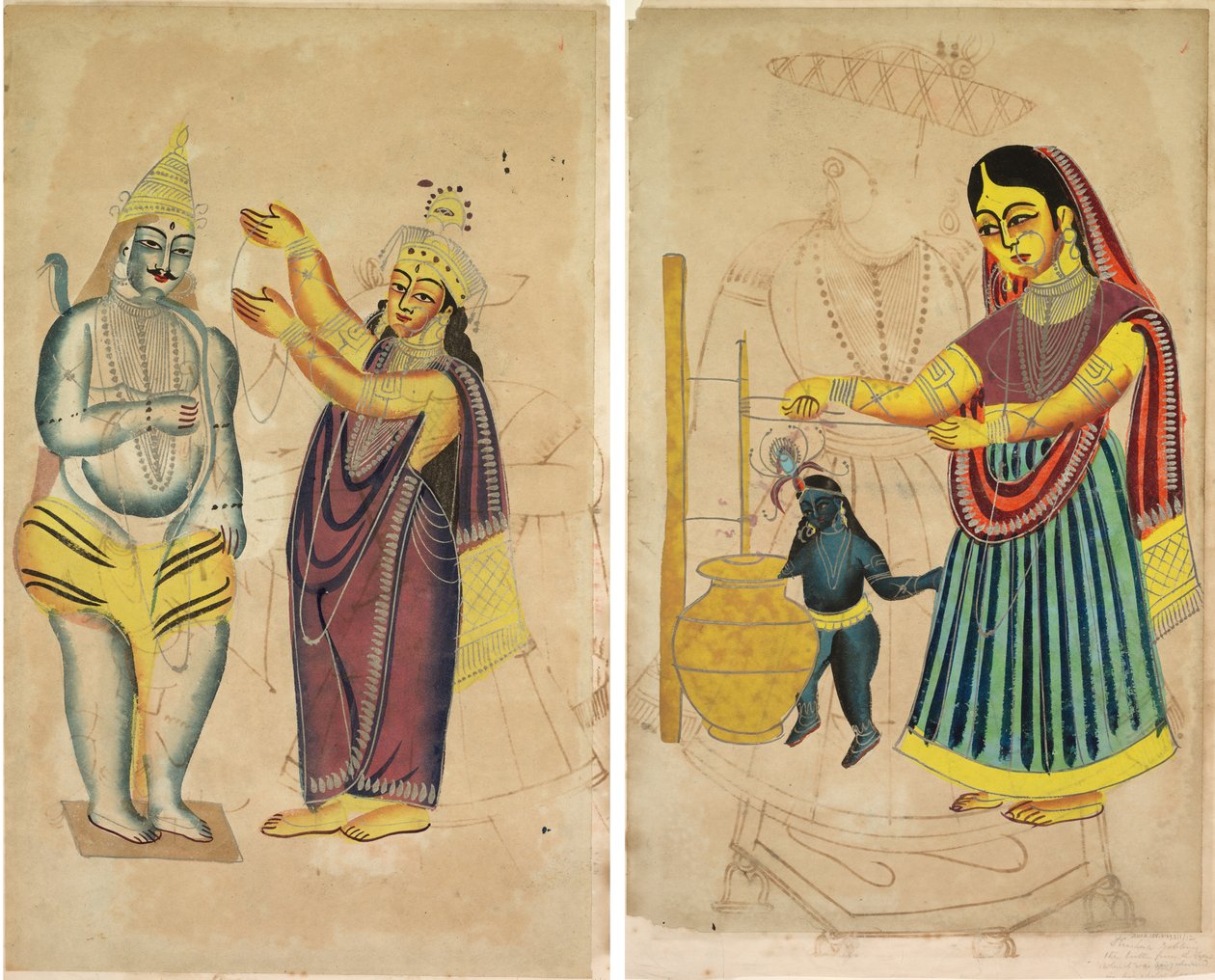 Parvati colocando uma guirlanda de casamento em Shiva (reto); Manteiga Agitada Yasoda (verso) de Unknown artist