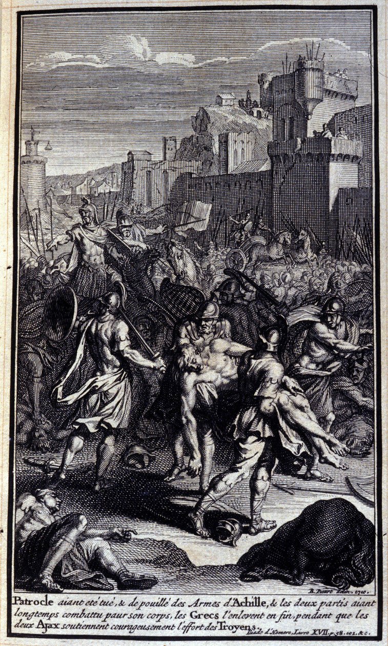 Tendo sido morto, e despojado das armas de Aquiles, e tendo os dois partidos lutado durante muito tempo pelo seu corpo, os gregos finalmente levaram-no, enquanto os dois Ajax apoiaram corajosamente o esforço dos troianos; Ilustração do livro XVII da Ilíada de Unknown artist