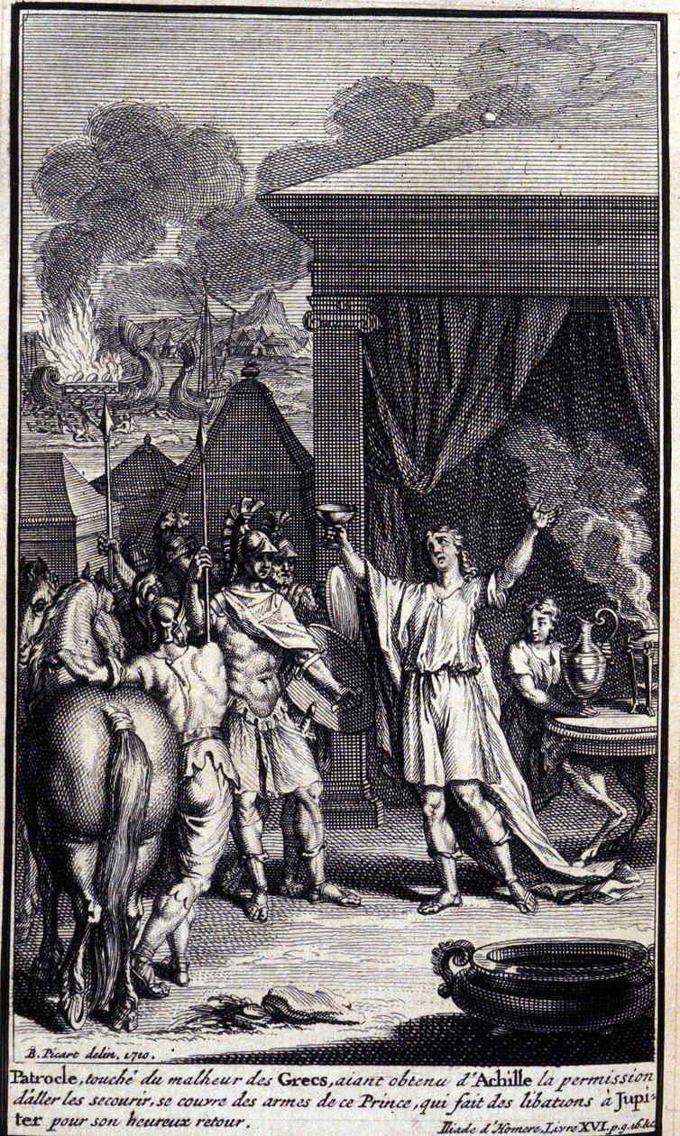 Patroclus, toca a desgraça dos gregos, tendo obtido permissão de Aquiles para ir resgatá-los, cobre-se com as armas deste príncipe, que faz libações a Júpiter para o seu feliz regresso. Ilustração do livro XVI da Ilíada de H de Unknown artist