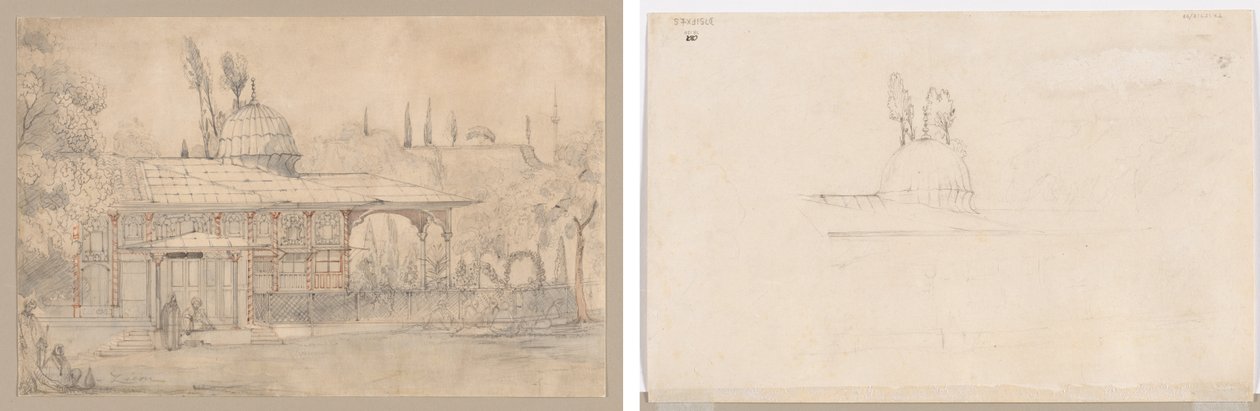 Pavilhão Perto de uma Mesquita (reto) Esboço para Pavilhão Perto de uma Mesquita (verso) de Unknown artist