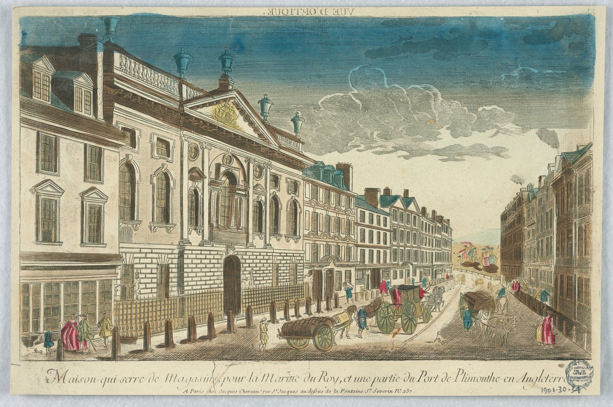 Peep-show, Maison Quiserie de Magasins, para a Marinha Real, e parte do Porto de Plimmouthe na Inglaterra de Unknown artist