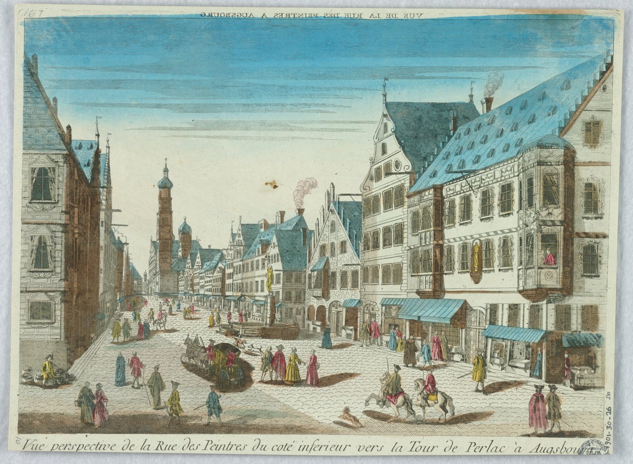 Peep-show, vista em perspectiva da rua dos pintores da costa inferior em direção à torre Perlac em Augsburg de Unknown artist