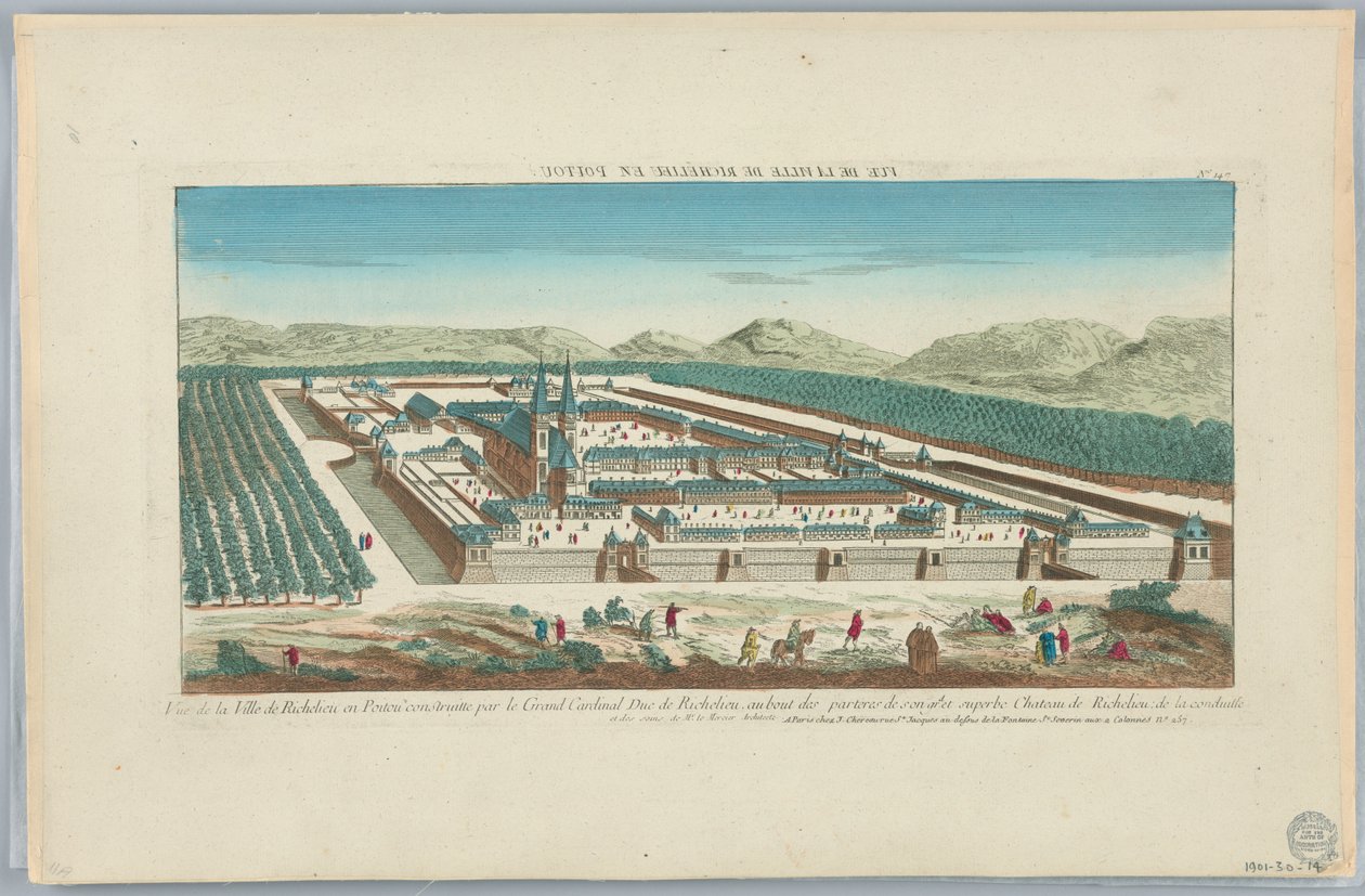 Peep-show, Vista da cidade de Richelieu em Poitou construída pelo Grão-Cardeal Duque de Richelieu, no final dos Parteres de Sougid e soberbo Chateau de Richelieu de la Conduitte, nº 147 de Unknown artist
