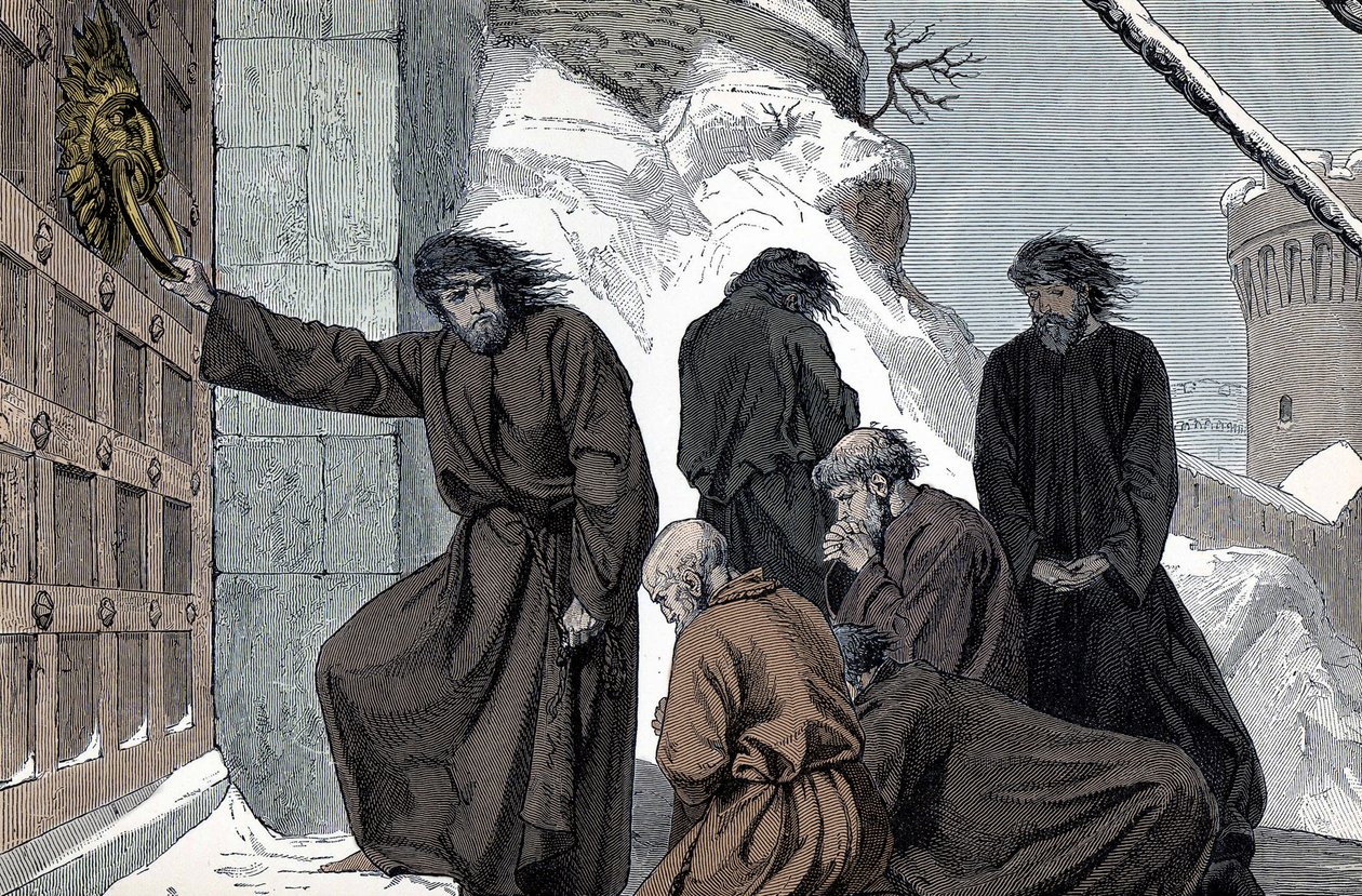 Penitência de Henrique IV da Alemanha em Canossa - O Imperador alemão Henrique IV (1050 - 1106) a Canossa (A penitência do Santo Imperador Romano Henrique IV, Canossa, Itália, janeiro de 1077. Henrique em pé descalço na neve, vestindo uma camisa de cabelo, de Unknown artist