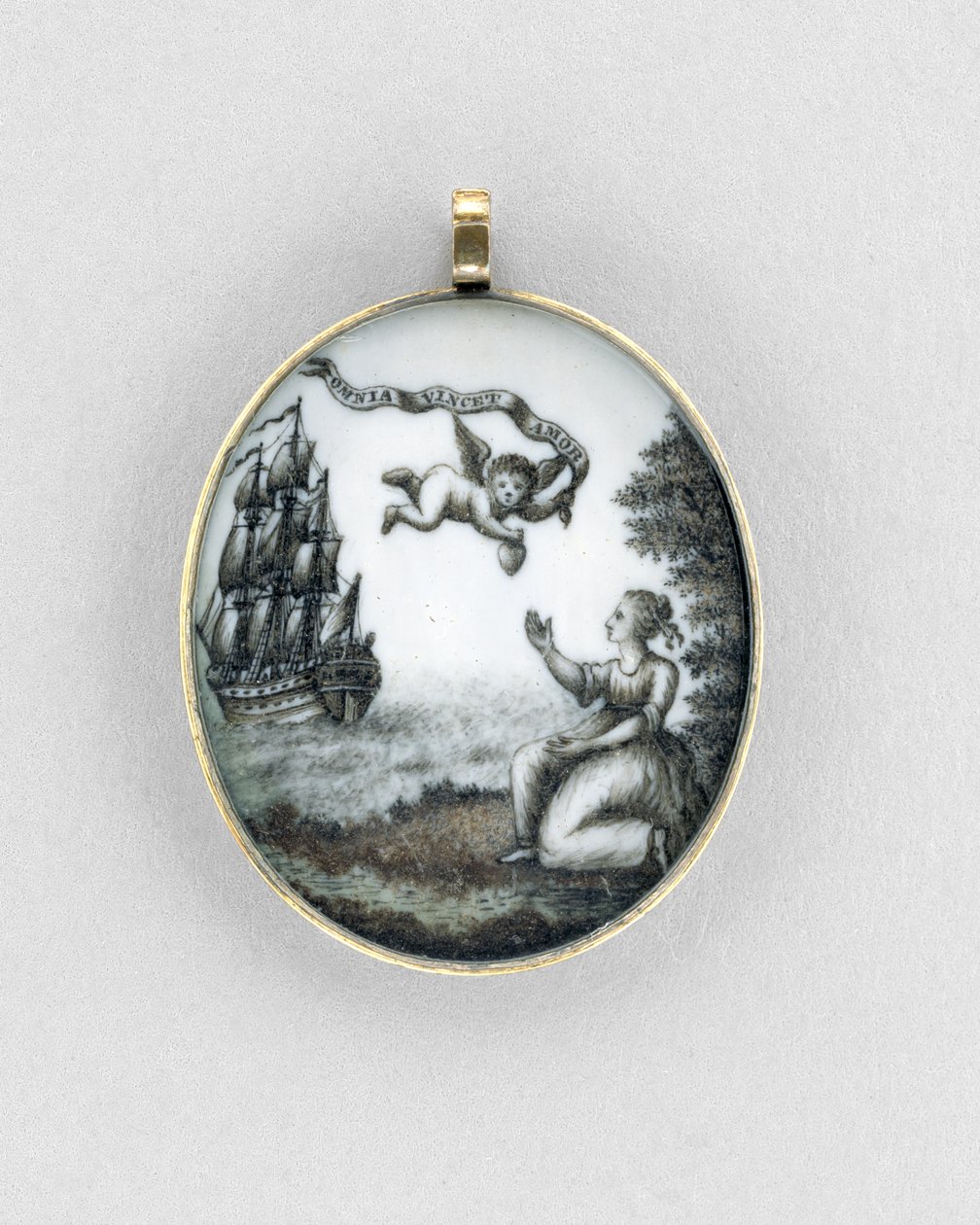 Pingente, c.1750 (sépia em marfim, ouro, cabelo e vidro) de Unknown artist