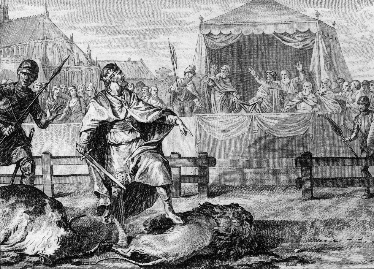 Pepin le Brief (714-768), o novo rei dos Francos, prova a sua coragem ao lutar com um leão e um touro numa arena, 751. Gravura do século XVIII. de Unknown artist