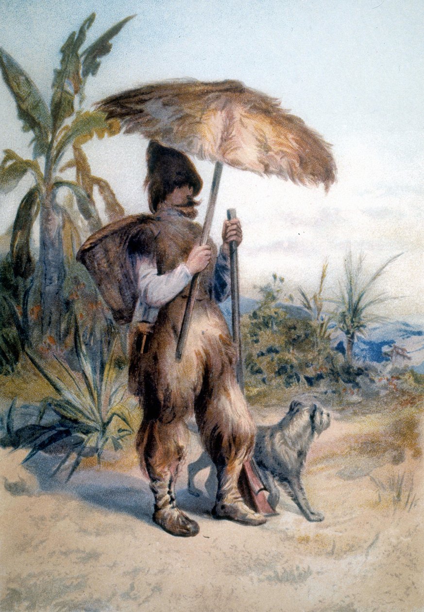 Performance de Robinson Crusoé, personagem do romance homônimo de Daniel de Foe ou Defoe (1660 - 1731) de Unknown artist