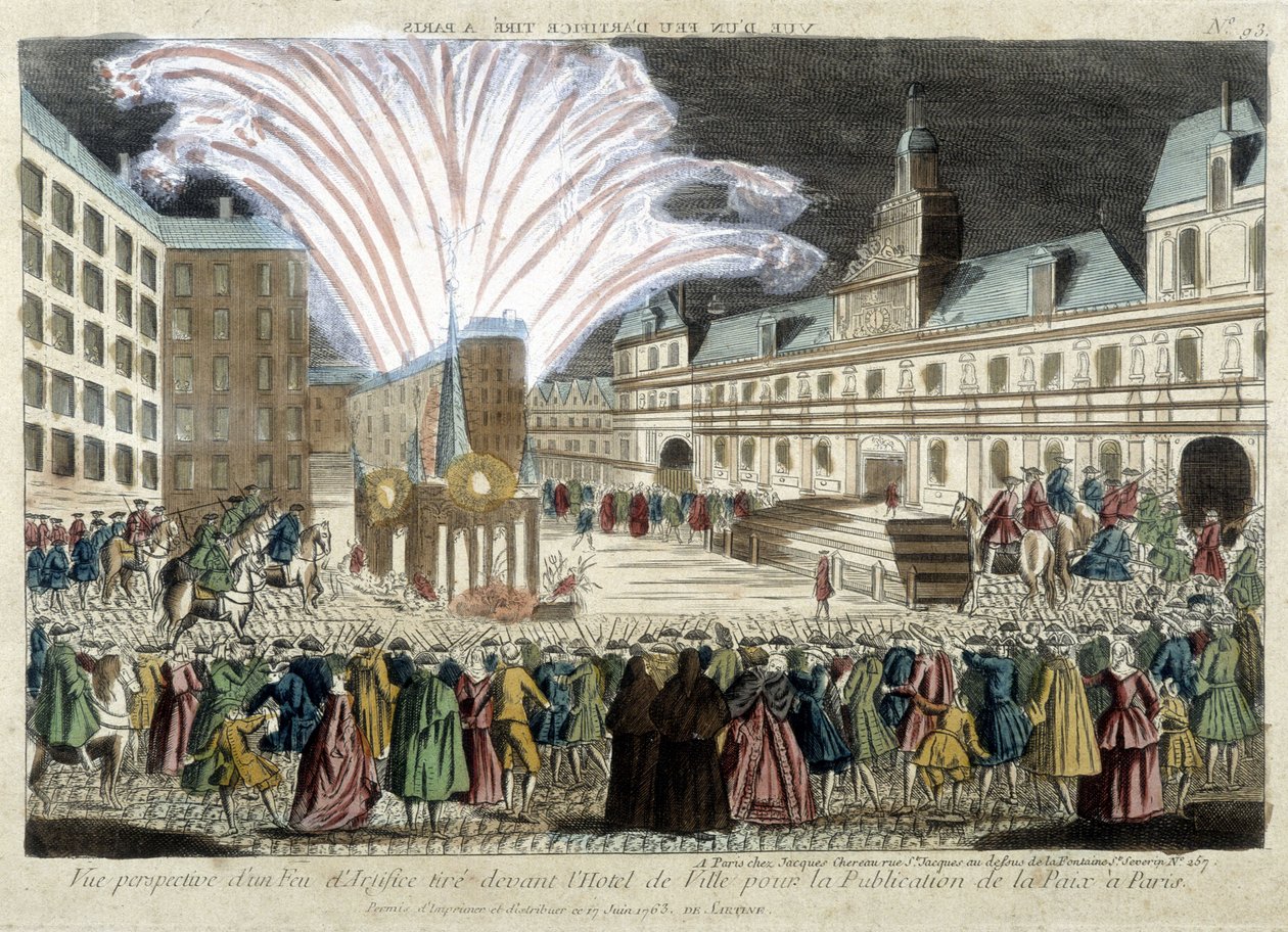 Perspectiva de uma exibição de fogos de artifício em frente ao Hôtel de Ville para a publicação da Paz em Paris de Unknown artist