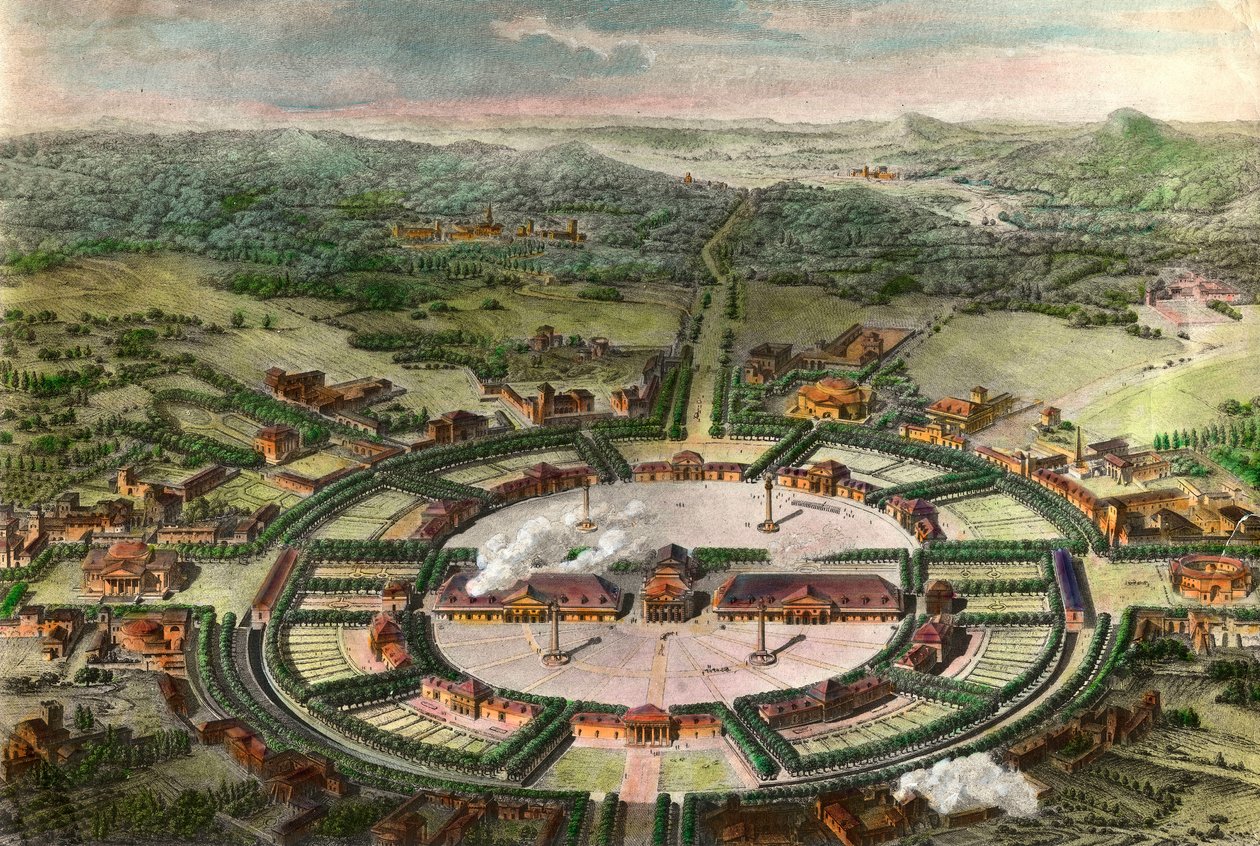 Perspectiva dos Sais Reais do Arco e Senans (Arc-et-Senans) perto de Chaux construído por Claude Nicolas Ledoux (1736-1806) em 1774. Gravura após "História da arquitetura francesa, da Renascença à Revolução" 1804 Coleção particular de Unknown artist