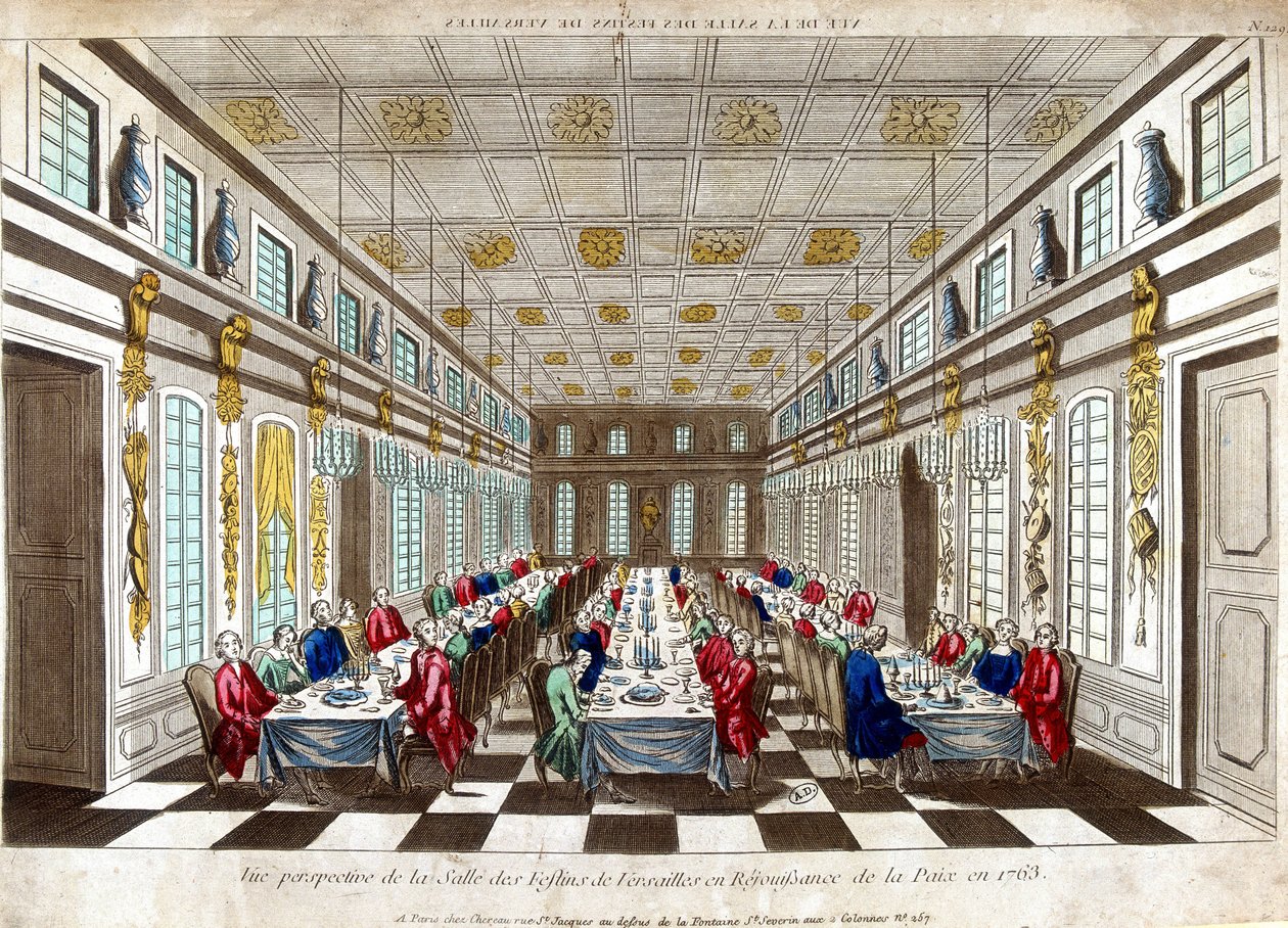 Perspectiva da Salle des Festins de Versailles em celebração da paz em 1763 entre a Grã-Bretanha, França e Espanha. de Unknown artist