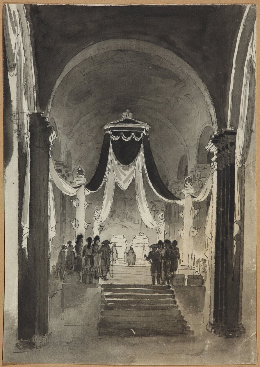 Decoração da Catedral de Pedro e Paulo para a Cerimônia do Enterro de Pedro III e Catarina II - Anônimo. Caneta, pincel, aguarela, tinta sobre papel de Unknown artist